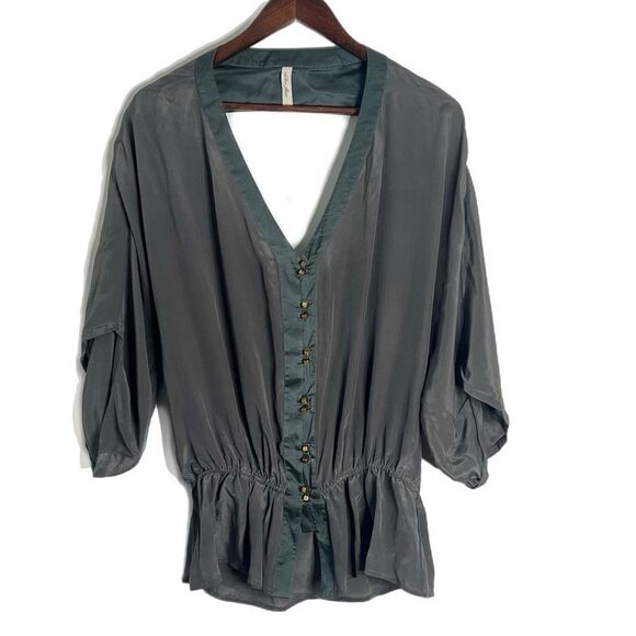 Chelsea Flower Asymmetrical Drape Open Back Silk Top Blouse - Picture 1 of 4